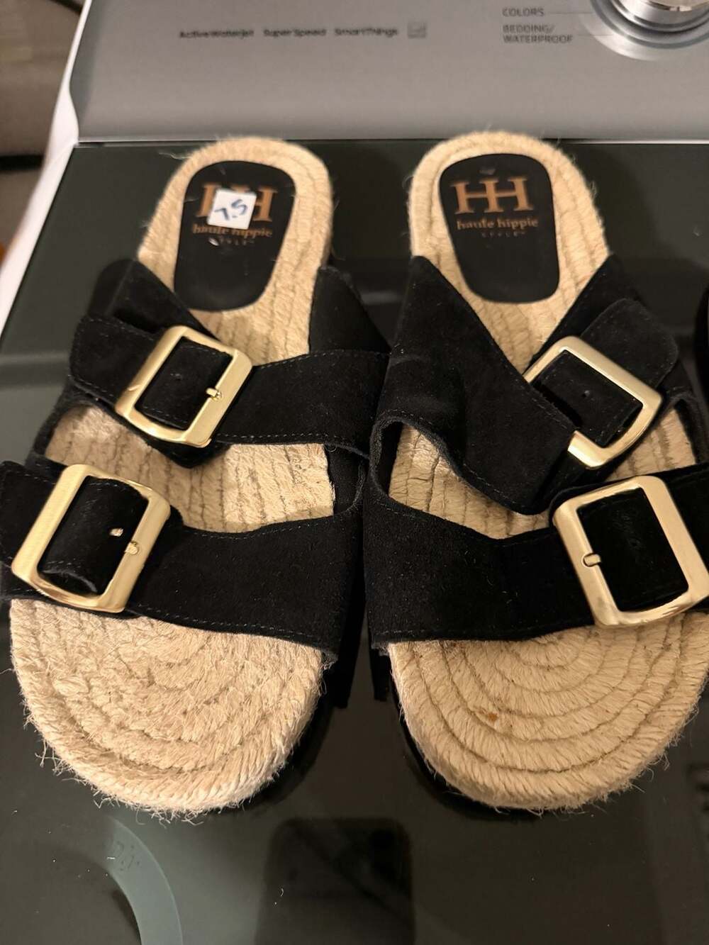 Haute Hippie Black Suede Double Buckle Espadrille Slide Sandals